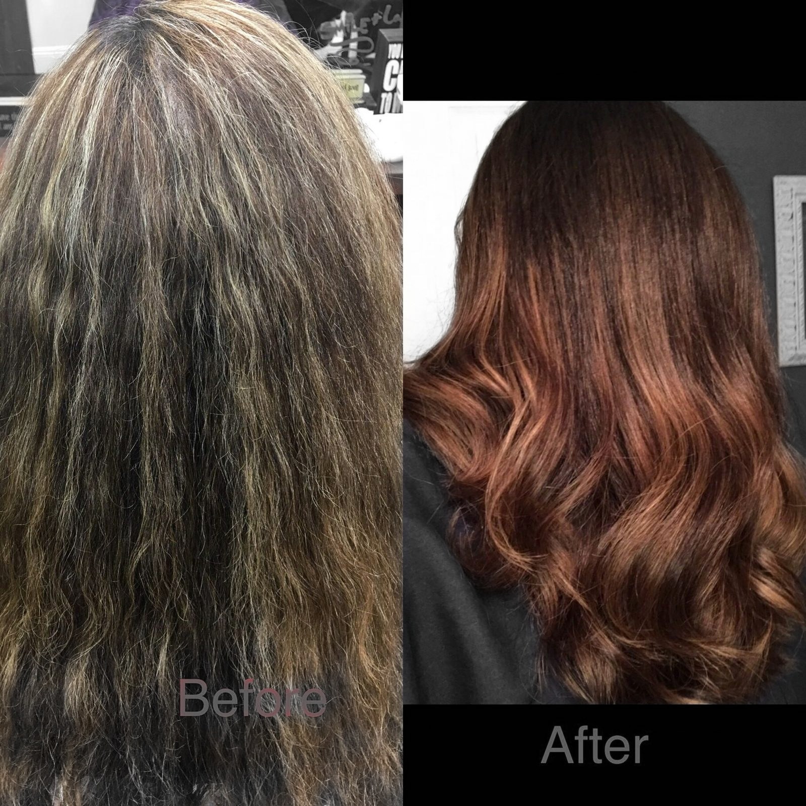 Before and after corrective hair color