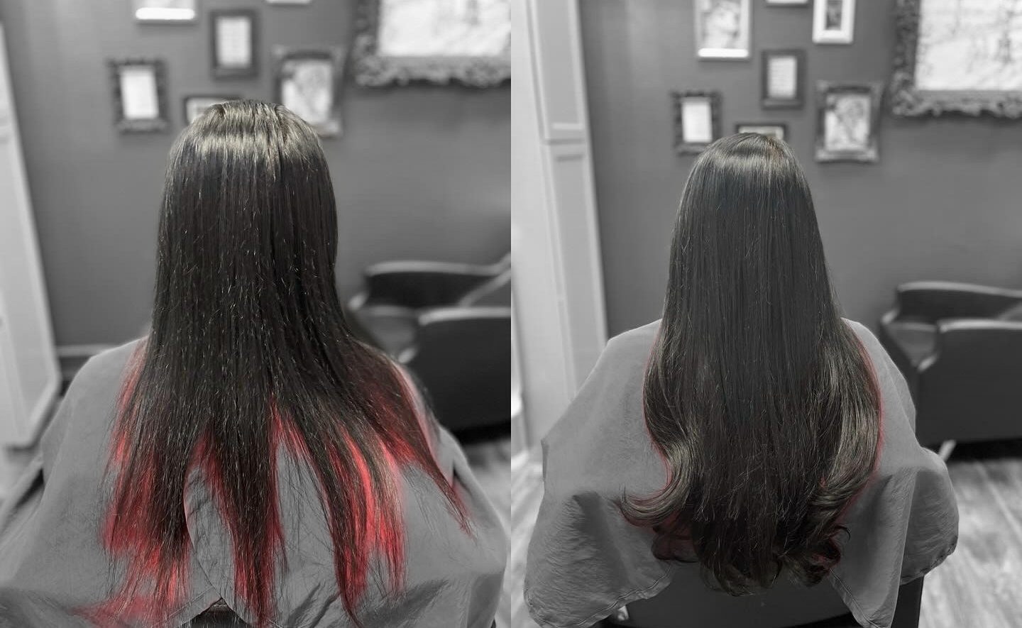 Before and after Hairtalk hair extensions by a certified extension specialist