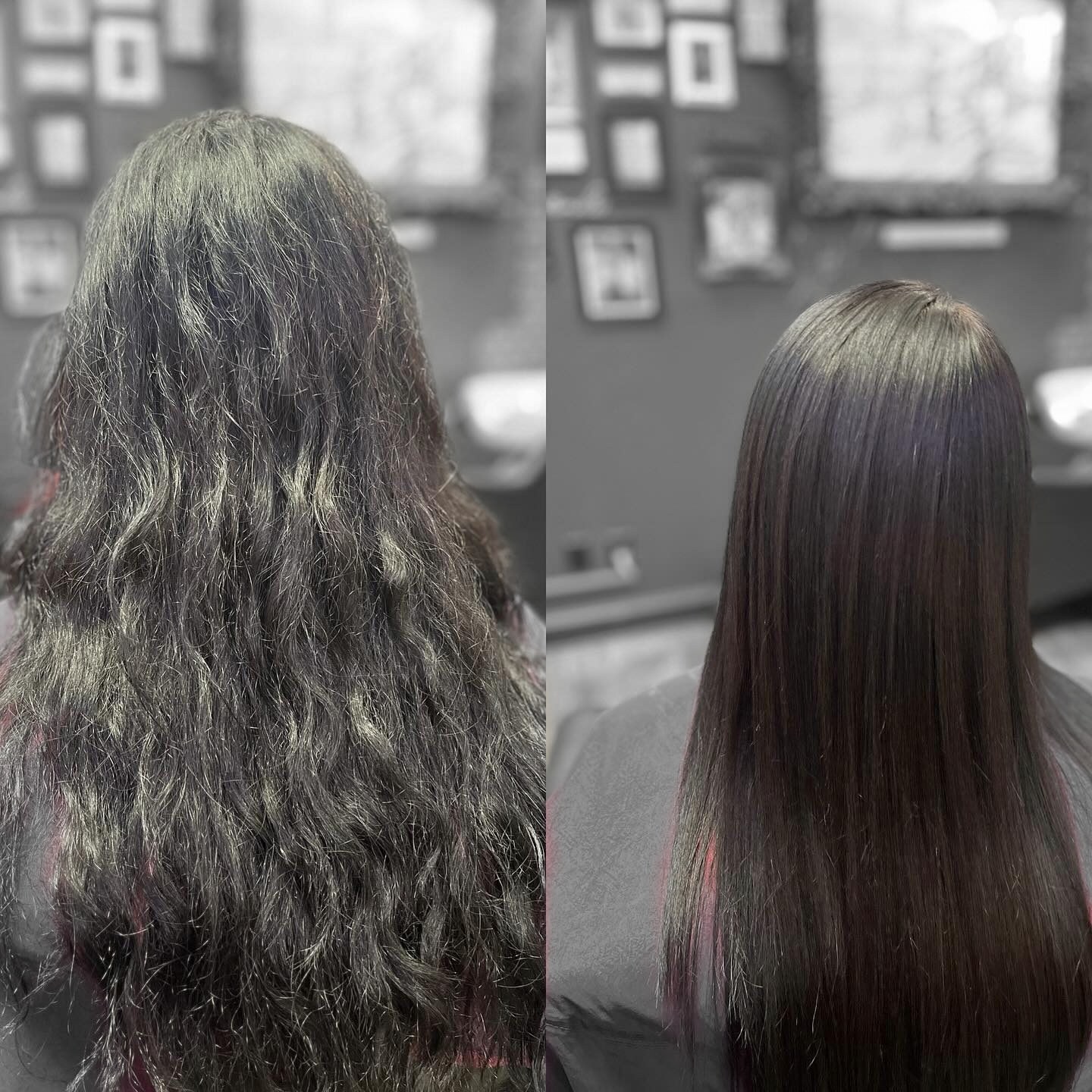 Before and after keratin treatment on long brown hair